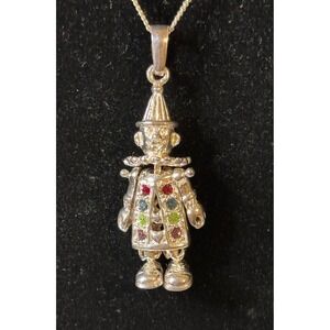 Rare VTG Articulated Clown Pendant Necklace 925 Silver Multi Jewels 6g Kidcore